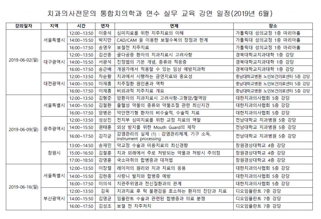 6월 치과의사전문의 통합치의학과 연수 실무 교육(오프라인교육) 강연 일정 안내 첨부파일 : 1556004728.png